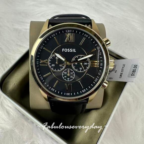 Fossil Other - FOSSIL Men's Flynn Chronograph Black Leather Watch 48mm Black/Gold BQ2823 NWT